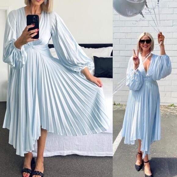 Acler Dress US 4 Palms Pleated Satin Midi Dress Light Blue AU 8 - Picture 4 of 15